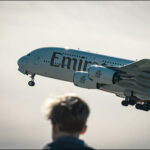 Emirates airline airplane Airbus 380 airplane takeoff