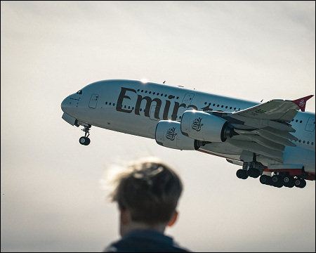 Emirates airline airplane Airbus 380 airplane takeoff