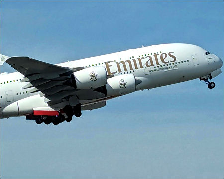 Emirates airline airplane Airbus 380 Airways A380 airplane takeoff aviation
