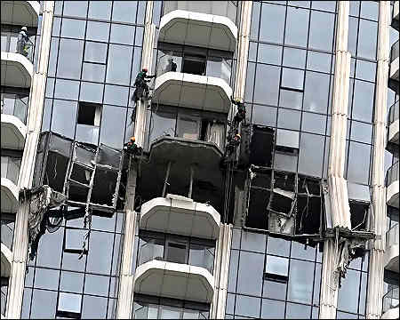 Damage from an Iranian drone strike at the Address Creek Harbour hotel in Dubai