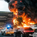 A burning fuel tank near Dubai International Airport, Dubai, UAE