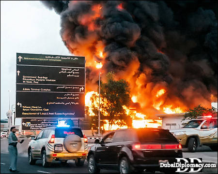 A burning fuel tank near Dubai International Airport, Dubai, UAE