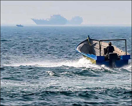 Boat sails Strait Hormuz Khasab Oman Musandam peninsula Jun 25, 2025