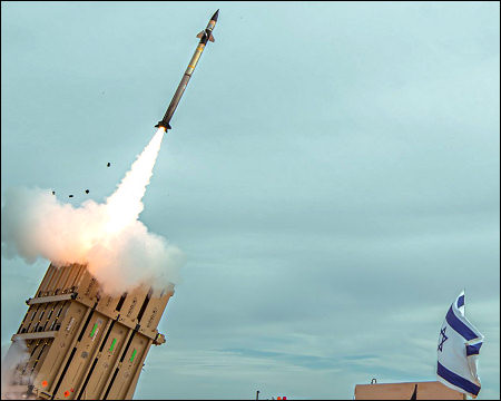 An Israeli Iron Dome system launching a Tamir interceptor missile in 2025