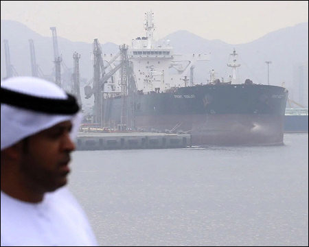 Man oil tanker ship sea Fujairah port UAE 2016