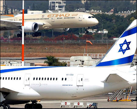 UAE Etihad Airways airplane at Ben Gurion airport, Tel Aviv, Israel 2020