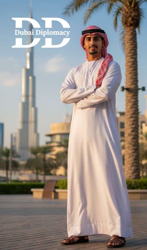 Arab man Dubai UAE 2025 logo Dubai Diplomacy photo ai